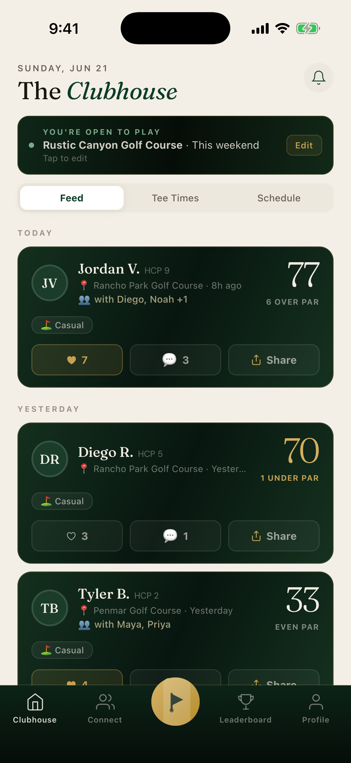 Fore: the Clubhouse feed showing friends' recent rounds