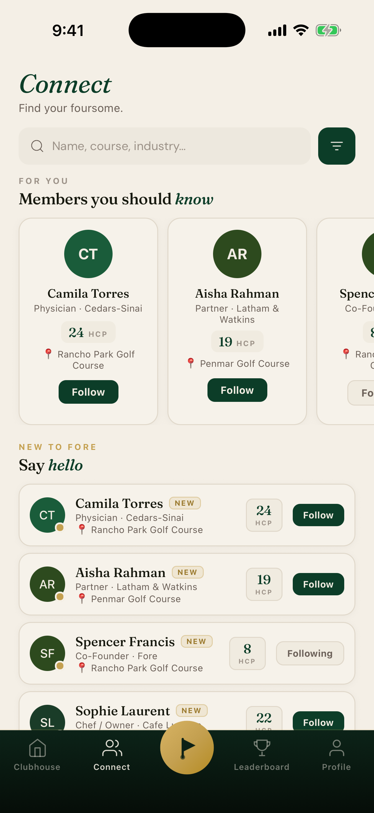 Fore: the Connect screen for meeting members by industry