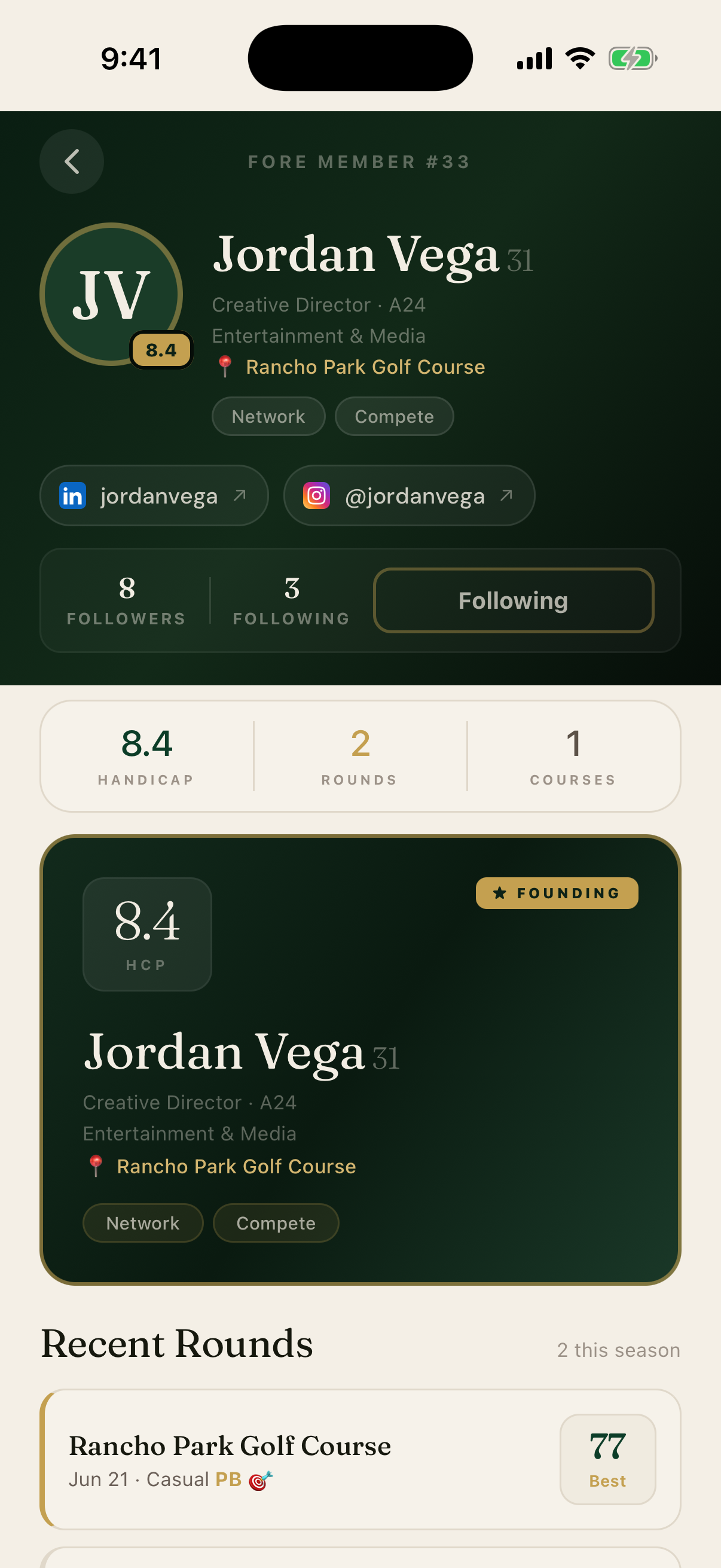 Fore: a member profile with title, industry, socials and founding-member badge