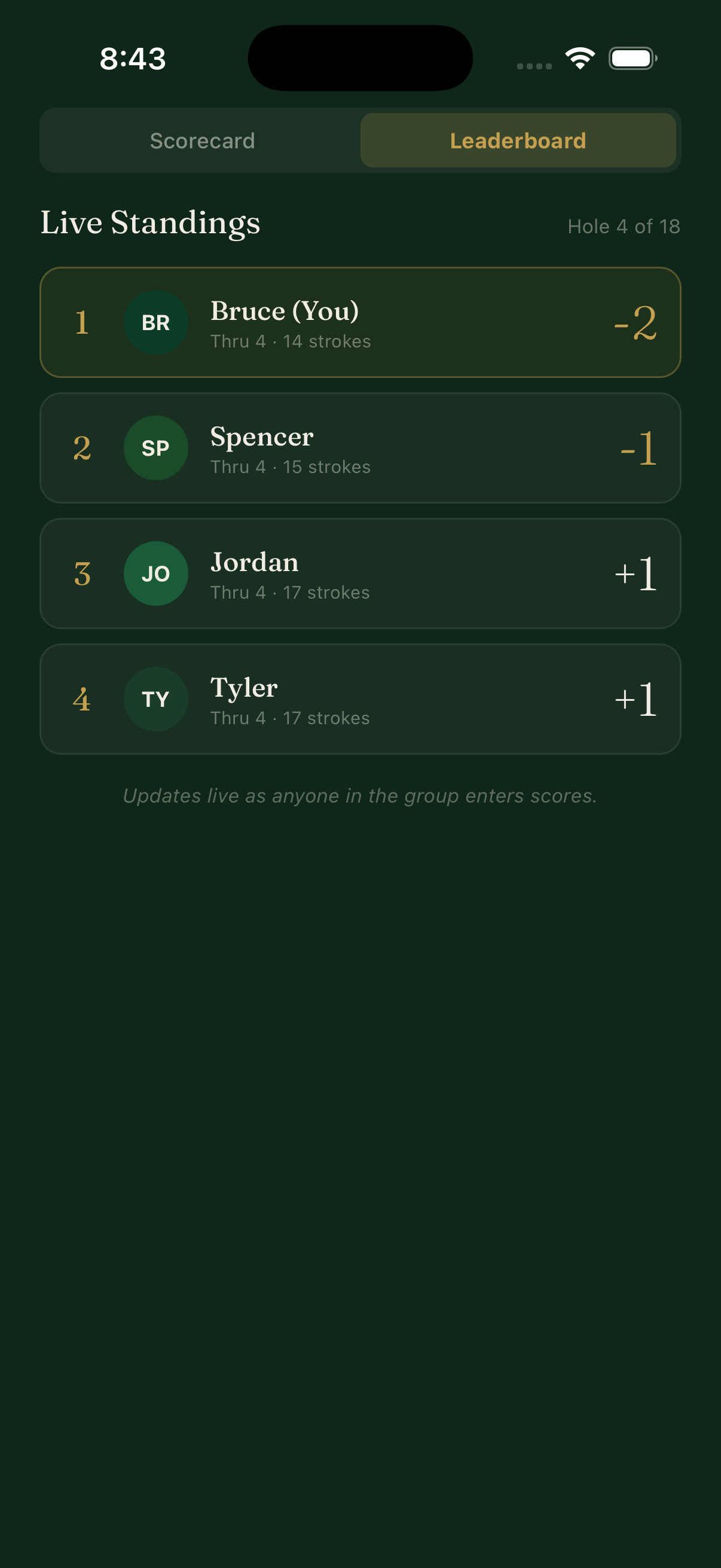 Fore: live standings leaderboard updating through the round
