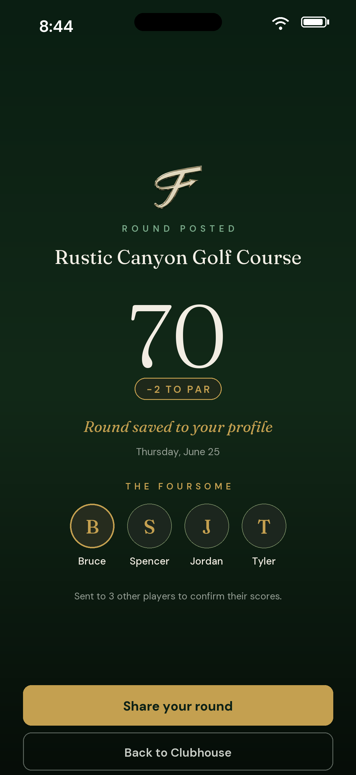 Fore: a finished round celebration screen, score saved to your profile